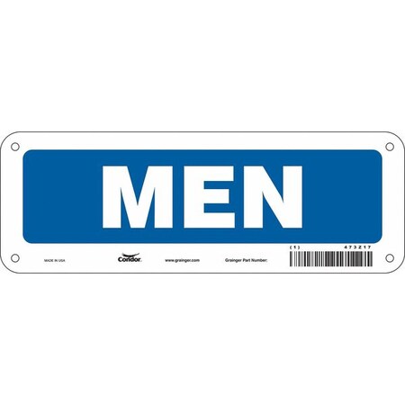 Restroom Sign, MEN, 10 in W x 3 1/2 in H, Vertical Rectangle, Aluminum, 473Z17 MPN:473Z17