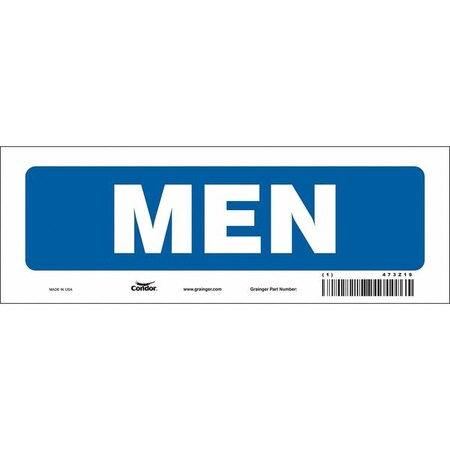 Restroom Sign, MEN, 10 in W x 3 1/2 in H, Vertical Rectangle, Vinyl, 473Z19 MPN:473Z19