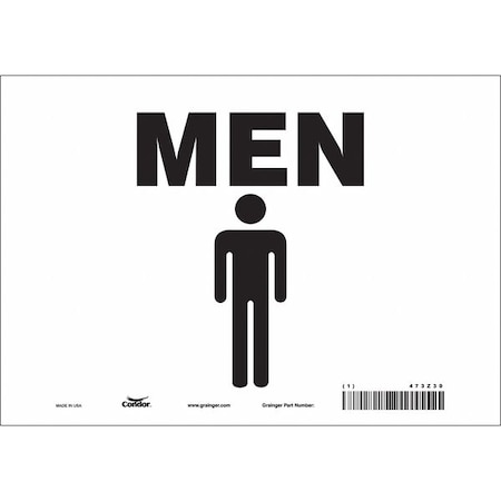 Restroom Sign, MEN, 10 in W x 7 in H, Vertical Rectangle, Vinyl, 473Z30 MPN:473Z30