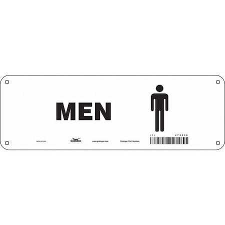 Restroom Sign, MEN, 12 in W x 4 in H, Vertical Rectangle, Aluminum, 473Z38 MPN:473Z38