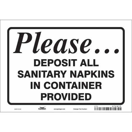 PLEASE.DEPOSIT ALL SANITARY NAPKINS IN CONTAINER PROVIDED, 10 in W x 7 in H, Rectangle, 474A15 MPN:474A15