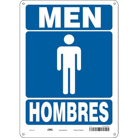 Restroom Sign, MEN/HOMBRES, 10 in W x 14 in H, Vertical Rectangle, Polyethylene, 474A50 MPN:474A50