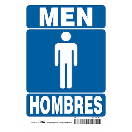 Restroom Sign, MEN/HOMBRES, 7 in W x 10 in H, Horizontal Rectangle, Vinyl, 474A51 MPN:474A51