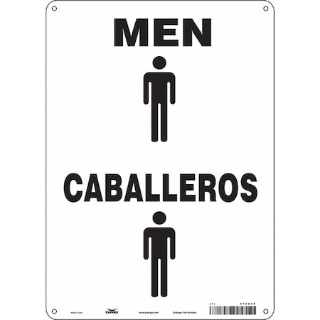 Restroom Sign, MEN/CABALLEROS, 10 in W x 14 in H, Vertical Rectangle, Aluminum, 474A56 MPN:474A56