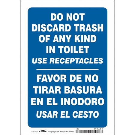 Do Not Discard Trash of Any Kind In Toilet, 7 in W x 10 in H, Horizontal Rectangle, Vinyl, 474A63 MPN:474A63