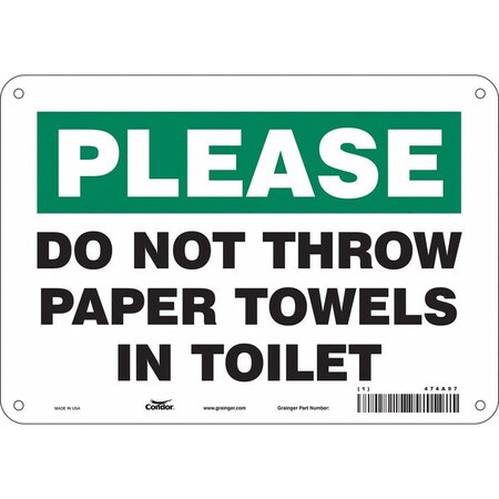 DO NOT THROW PAPER TOWELS IN TOILET, 10 in W x 7 in H, Vertical Rectangle, Polyethylene, 474A97 MPN:474A97