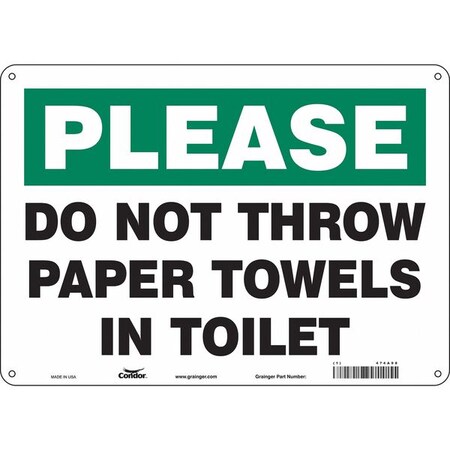 DO NOT THROW PAPER TOWELS IN TOILET, 14 in W x 10 in H, Horizontal Rectangle, Polyethylene, 474A98 MPN:474A98