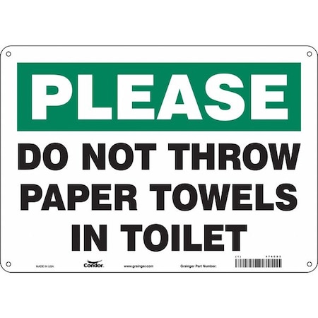 DO NOT THROW PAPER TOWELS IN TOILET, 14 in W x 10 in H, Horizontal Rectangle, Aluminum, 474C03 MPN:474C03