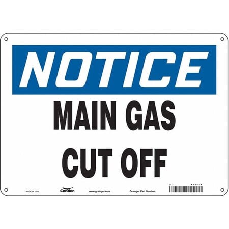 Notice, MAIN GAS CUT OFF, 14 in W x 10 in H, Horizontal Rectangle, Polyethylene, 476F34 MPN:476F34