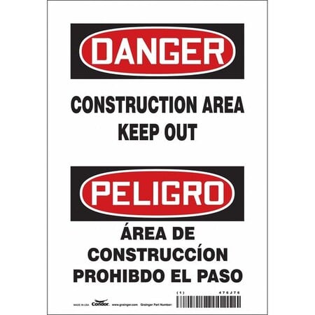 Safety Sign, 10 in Height, 7 in Width, Polyethylene, Horizontal Rectangle, English, Spanish MPN:476J76