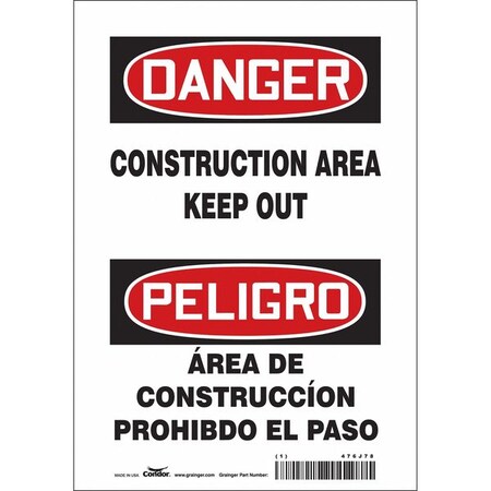 Safety Sign, 10 in Height, 7 in Width, Vinyl, Horizontal Rectangle, English, Spanish, 476J78 MPN:476J78