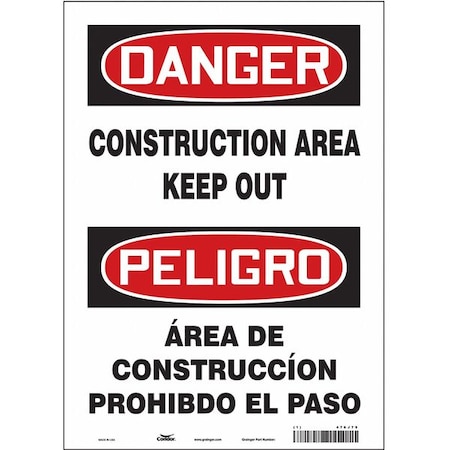 Danger, CONSTRUCTION AREA KEEP OUT, Spanish-Bilingual, 10 in W x 14 in H, Vinyl, 476J79 MPN:476J79