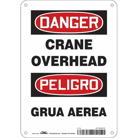 Danger, CRANE OVERHEAD/GRUA AEREA, 7 in W x 10 in H, Horizontal Rectangle, Polyethylene MPN:476K63