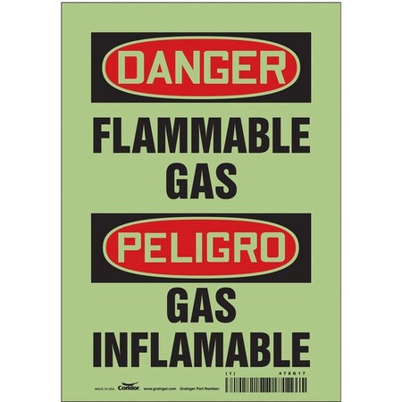 Safety Sign, 10 in H, 7 in W, Glow Vinyl, Horizontal Rectangle, English, Spanish, 478G17 MPN:478G17