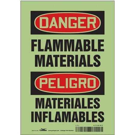 Safety Sign, 10 in H, 7 in W, Glow Vinyl, Horizontal Rectangle, English, Spanish, 478H95 MPN:478H95