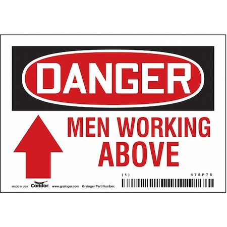 Danger, MEN WORKING ABOVE, 5 in W x 3 1/2 in H, Horizontal Rectangle, Vinyl, 478P78 MPN:478P78