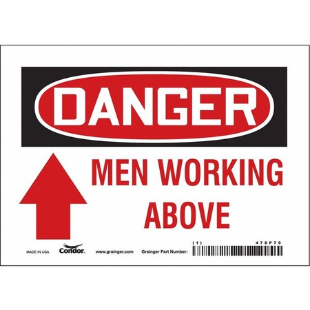 Danger, MEN WORKING ABOVE, 7 in W x 5 in H, Horizontal Rectangle, Vinyl, 478P79 MPN:478P79