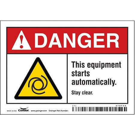 Safety Sign, 3 1/2 in Height, 5 in Width, Vinyl, Horizontal Rectangle, English, 478T96 MPN:478T96