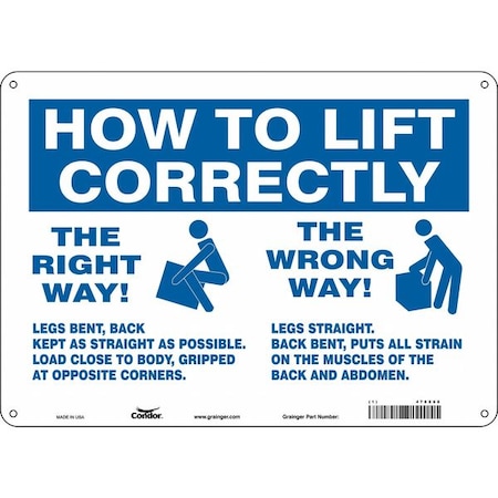 How to Lift Correctly, 14 in W x 10 in H, Horizontal Rectangle, Aluminum, 478X68 MPN:478X68