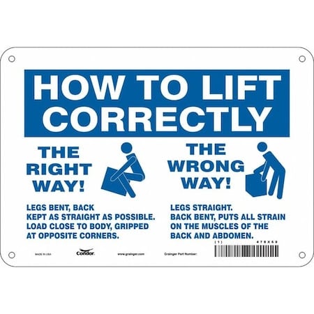 How to Lift Correctly, 10 in W x 7 in H, Vertical Rectangle, Polyethylene, 478X69 MPN:478X69