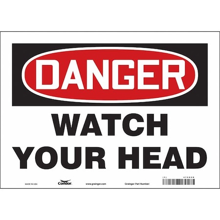 Danger, WATCH YOUR HEAD, 14 in W x 10 in H, Horizontal Rectangle, Vinyl, 479G50 MPN:479G50