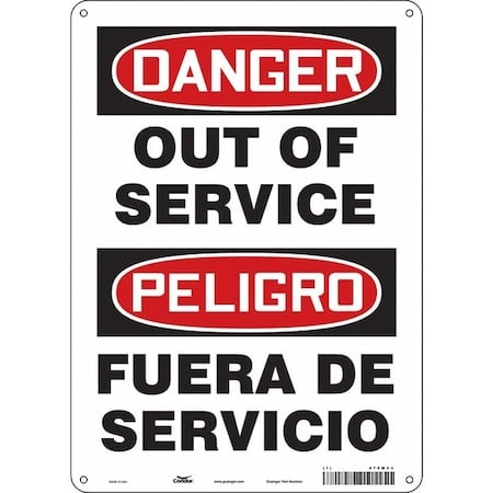 Danger, OUT OF SERVICE/FUERA DE SERVICIO, 10 in W x 14 in H, Vertical Rectangle, Aluminum, 479M43 MPN:479M43