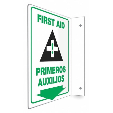 FIRST AID/PRIMEROS AUXILIOS, 9 in W x 12 in H, L-Shape Projection, PETG, 480W57 MPN:480W57