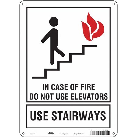 Safety Sign, Glow Vinyl, 10 in W, 14 in H, IN CASE OF FIRE DO NOT USE ELEVATORS USE STAIRWAYS MPN:485F24