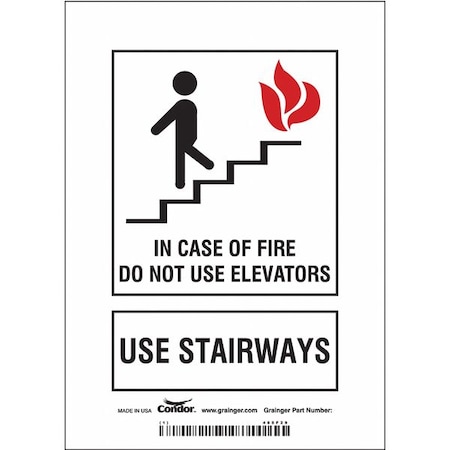 Safety Sign, Vinyl, 5 in W, 7 in H, IN CASE OF FIRE DO NOT USE ELEVATORS USE STAIRWAYS, White MPN:485F29