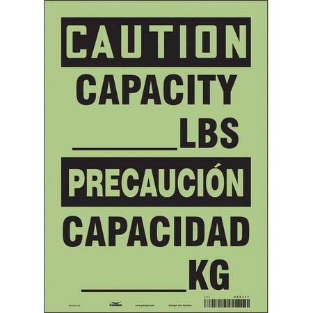 Caution, CAPACITY_ lb/CAPACIDAD_ KG., 10 in W x 14 in H, Vertical Rectangle, Glow Vinyl MPN:485J77