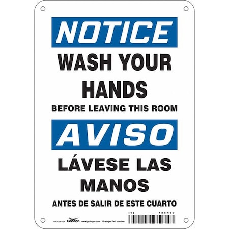 WASH YOUR HANDS BEFORE LEAVING THIS ROOM, Spanish-Bilingual, 10 in H x 7 in W, Aluminum, 485N63 MPN:485N63