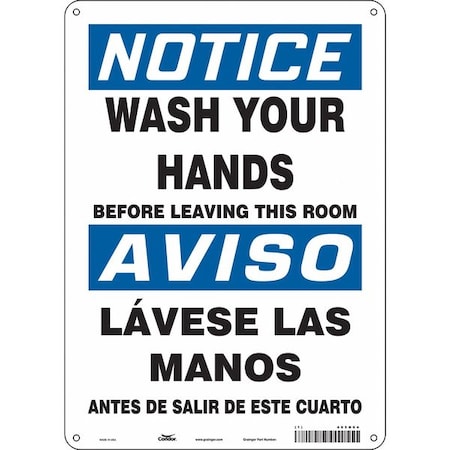 WASH YOUR HANDS BEFORE LEAVING THIS ROOM, Spanish-Bilingual, 14 in H x 10 in W, Aluminum, 485N64 MPN:485N64