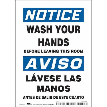 WASH YOUR HANDS BEFORE LEAVING THIS ROOM, Spanish-Bilingual, 5 in W x 7 in H, 485N67 MPN:485N67