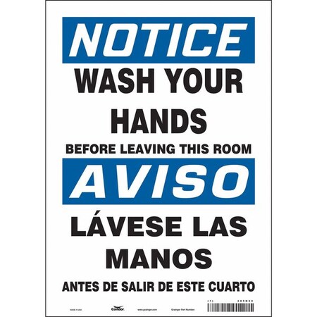 WASH YOUR HANDS BEFORE LEAVING THIS ROOM, Spanish-Bilingual, 14 in H x 10 in W, Vinyl, 485N69 MPN:485N69