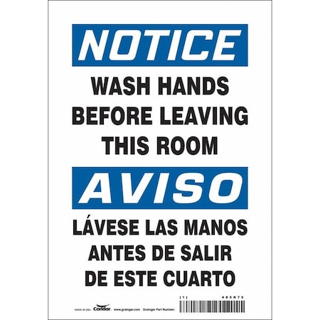 WASH YOUR HANDS BEFORE LEAVING THIS ROOM, Spanish-Bilingual, 10 in H x 7 in W, Vinyl, 485N76 MPN:485N76