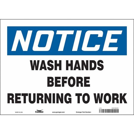 Notice, WASH HANDS BEFORE RETURNING TO WORK, 14 in W x 10 in H, Horizontal Rectangle, Vinyl, 485N86 MPN:485N86