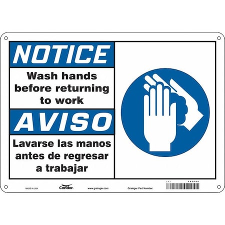 Notice, WASH HANDS BEFORE RETURNING TO WORK, Spanish-Bilingual, 14 in W x 10 in H, 485P08 MPN:485P08