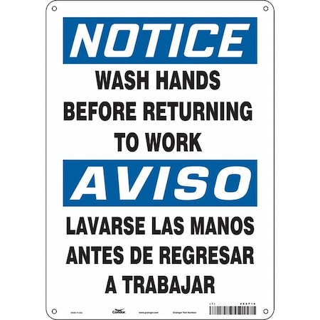 Notice, WASH HANDS BEFORE RETURNING TO WORK, Spanish-Bilingual, 14 in H x 10 in W, Aluminum, 485P14 MPN:485P14