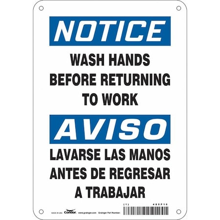 Notice, WASH HANDS BEFORE RETURNING TO WORK, Spanish-Bilingual, 7 in W x 10 in H, 485P16 MPN:485P16
