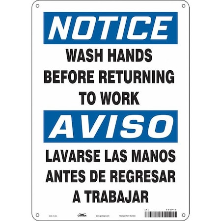 WASH HANDS BEFORE RETURNING TO WORK, Spanish-Bilingual, 14 in H x 10 in W, Polyethylene, 485P17 MPN:485P17