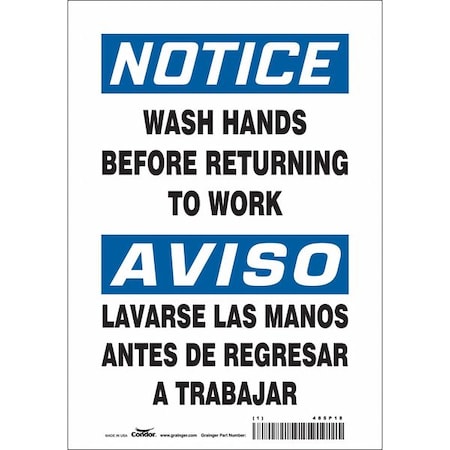 Notice, WASH HANDS BEFORE RETURNING TO WORK, Spanish-Bilingual, 10 in H x 7 in W, Vinyl, 485P18 MPN:485P18