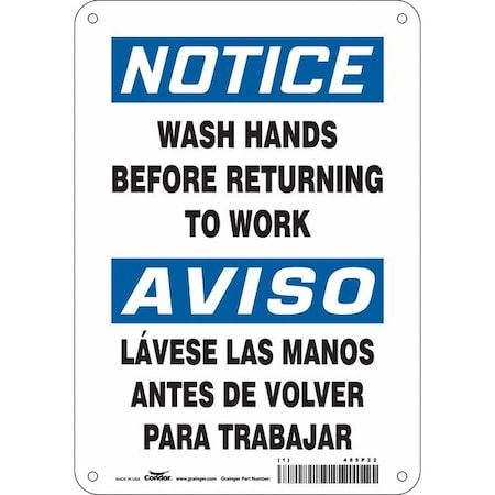 Notice, WASH HANDS BEFORE RETURNING TO WORK, Spanish-Bilingual, 7 in W x 10 in H, 485P22 MPN:485P22