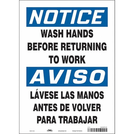 Notice, WASH HANDS BEFORE RETURNING TO WORK, Spanish-Bilingual, 14 in H x 10 in W, Vinyl, 485P25 MPN:485P25