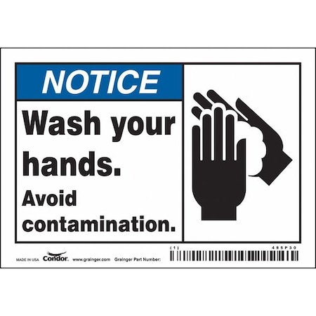 WASH YOUR HANDS. AVOID CONTAMINATION., 5 in W x 3 1/2 in H, Horizontal Rectangle, Vinyl, 485P30 MPN:485P30