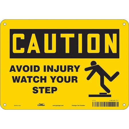 Caution, AVOID INJURY WATCH YOUR STEP, 10 in W x 7 in H, Vertical Rectangle, Polyethylene, 485P77 MPN:485P77