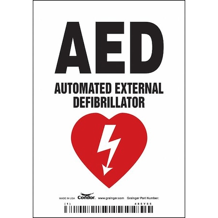 No Header, AED AUTOMATED EXTERNAL DEFIBRILLATOR, 3 1/2 in W x 5 in H, Vertical Rectangle, Vinyl MPN:485Y55