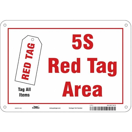 5S RED TAG AREA, 10 in W x 7 in H, Vertical Rectangle, Aluminum, 486P49 MPN:486P49