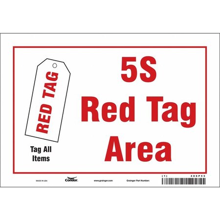 5S RED TAG AREA, 10 in W x 7 in H, Vertical Rectangle, Vinyl, 486P55 MPN:486P55