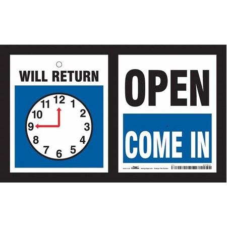Admittance Sign, Plastic, 5 in W, 6 in H, WILL RETURN/OPEN COME IN, Blue, White MPN:487D41