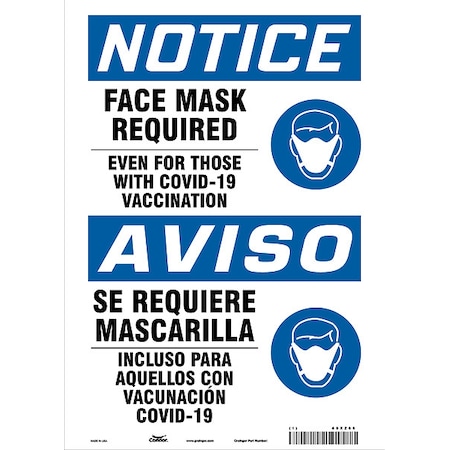 Facemask Reminder Safety Sign, 14 in Height, 10 in Width, Vinyl, English, Spanish MPN:60XZ66